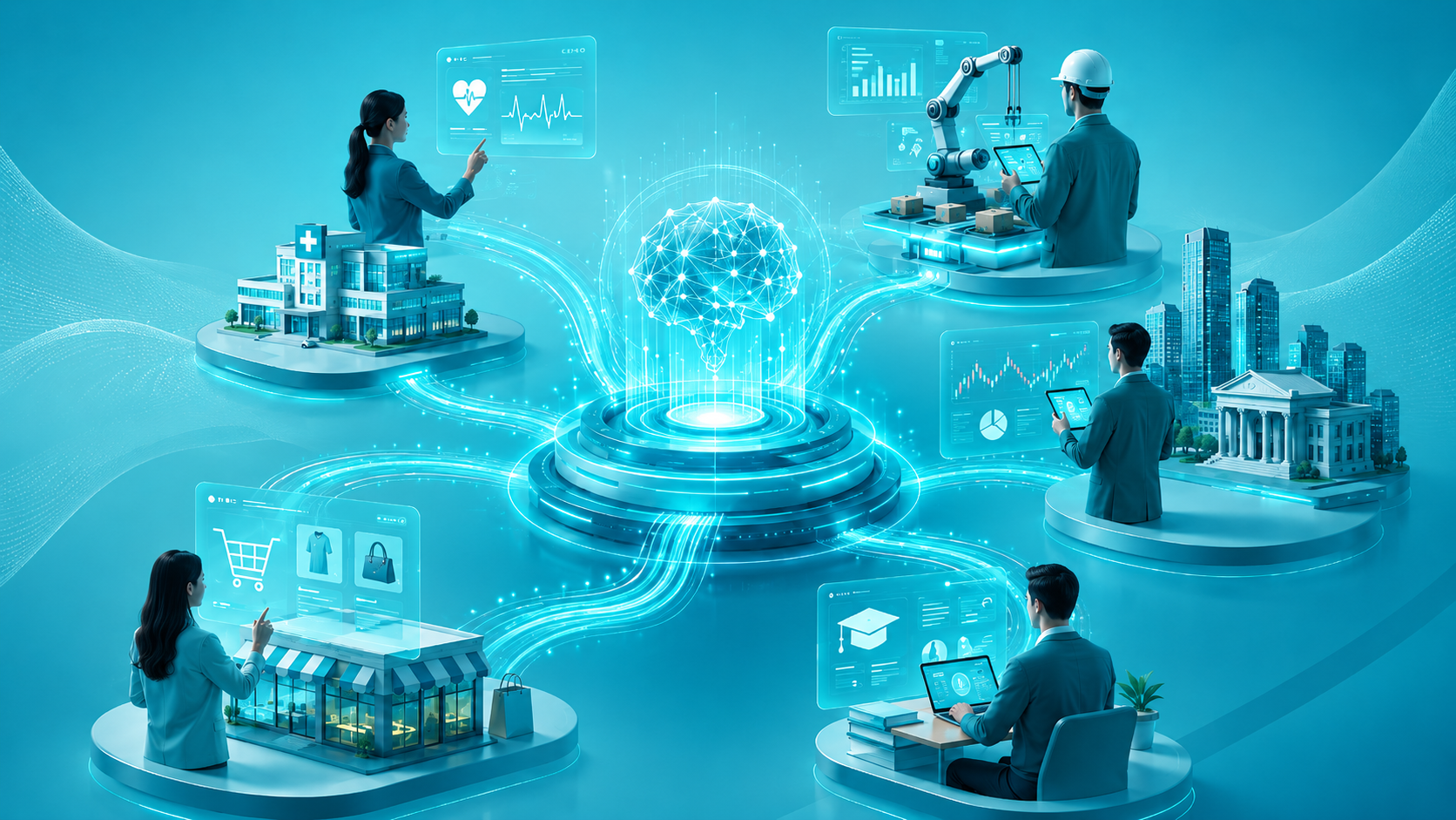 AI ecosystem connecting healthcare, manufacturing, commerce, finance, and education